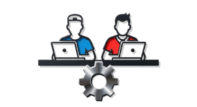 Isolated workers at laptop computers with a gear cog representing automation and development