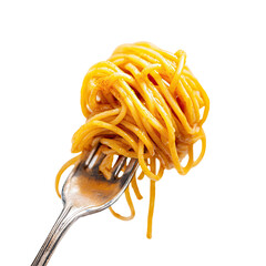 A forkful of golden, tangled pasta, glistening with sauce
