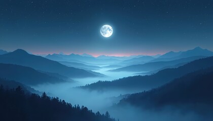 Fototapeta premium Night landscape illustration shows moonlit mountains covered in mist under starry sky. Layers of blue hills recede into distance, creating tranquil, serene atmosphere. Soft sky colors suggest
