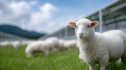 Obraz premium Curious white sheep on green farm with solar panel agrivoltaics