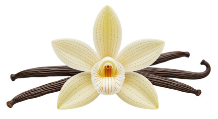 Isolated Vanilla Flower and Beans, Creamy Yellow Blossom for Food and Beauty Ingredient Use