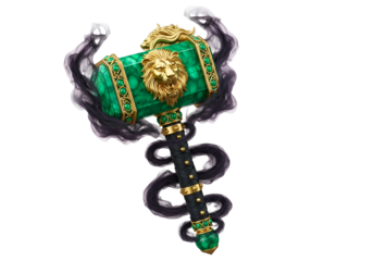A detailed, ornate hammer head, adorned with emerald jewels and a golden lion's head, is presented against a backdrop of smoky, dark swirls.