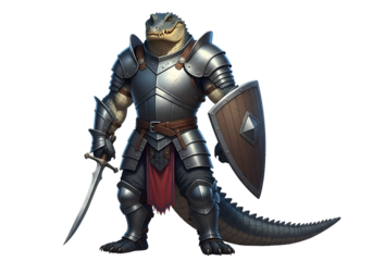 A formidable reptile warrior stands guard, clad in steel armor, holding a shield and a blade.