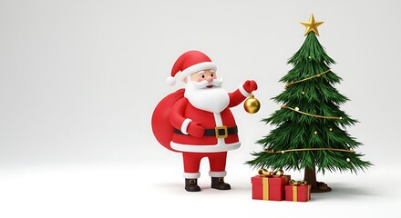 3D rendering of a cheerful Santa Claus character decorating a festive Christmas tree with golden ornaments and wrapped gifts below, set against a clean white background.
