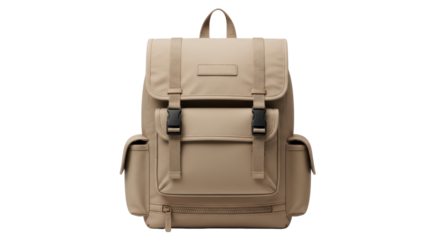 Isolated tan-colored backpack with straps and buckle closures for carrying essentials