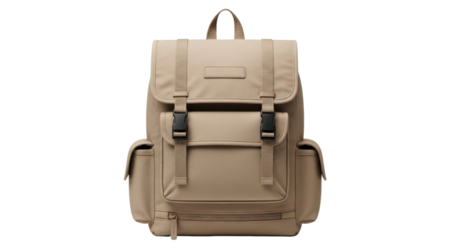 Isolated tan-colored backpack with straps and buckle closures for carrying essentials