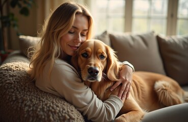 Young woman embraces Golden Retriever dog on sofa at home. Peaceful scene shows strong bond between owner, pet. Woman cuddles adorable golden puppy, conveying love, happiness. Cozy evening indoors