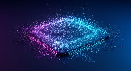 Abstract Digital Microchip Glowing Data Streams and Quantum Computing