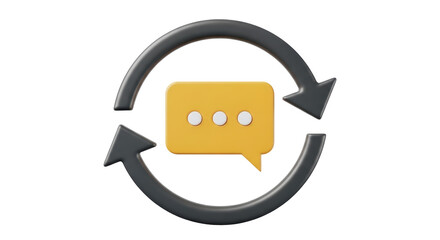 Isolated 3D illustration of a message bubble inside a rotating arrow symbol with shadow