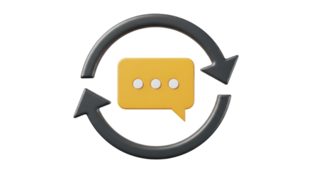 Isolated 3D illustration of a message bubble inside a rotating arrow symbol with shadow
