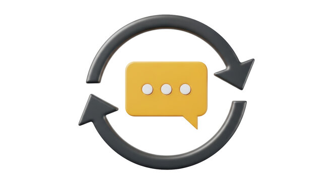 Isolated 3D illustration of a message bubble inside a rotating arrow symbol with shadow