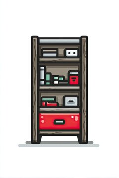 Simple cartoon style bookshelf with various items