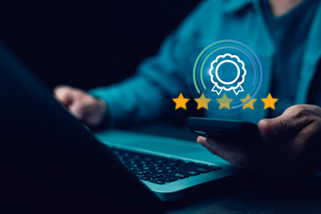 Concept of satisfaction rating.Quality and standards in customer service.User satisfaction.Customer...