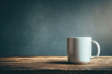 White mug on wooden table, muted background