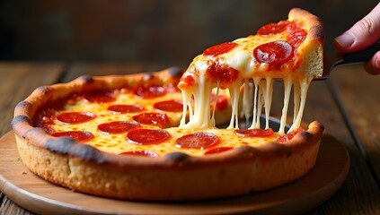 A hand lifting a slice of delicious deep-dish pepperoni pizza with a long string of melted, stretchy mozzarella cheese.