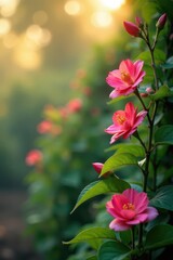 Exotic flowers bloom on vines in morning light, exotic flowers, jungle