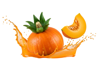 A vibrant orange pumpkin and a slice, captured in mid-air splash of juice, against a striking black background.