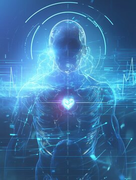 
A digital human figure surrounded by an animated heart and visible holographic waves, symbolizing the seamless integration of technology and healthcare