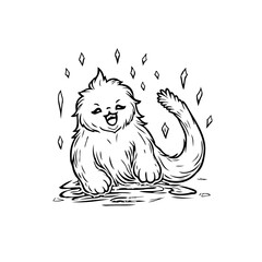 Whimsical feline creature illustration surrounded by glimmering gems in monochromatic playful