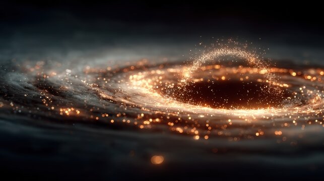 3d render of swirling golden dust in the shape of a black hole