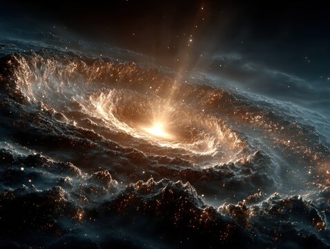 A spiral galaxy with dark, swirling clouds and bright stars in the center, resembling an endless sea of stardust