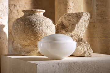 Light-drenched still life of aged stone and white bowl