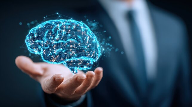 A businessman's hand drags a holographic projection of a brain, a light blue, glowing digital representation, floating above the palm