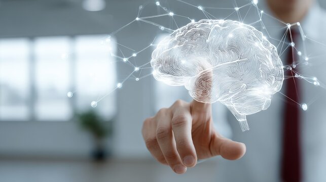 A businessman points to a hologram of a human brain with neural connections on a light background, concept of artificial intelligence and medical research