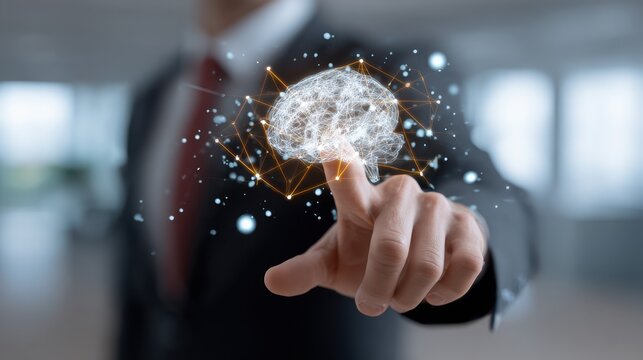 
Futuristic holographic brain interface showing various links, symbolizing advanced technology and innovation