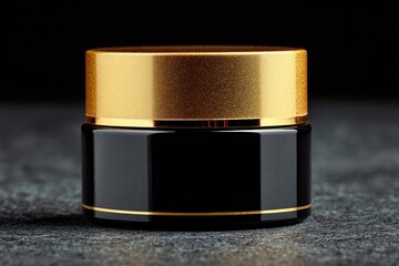 Close-up of a black cosmetic jar with gold lid