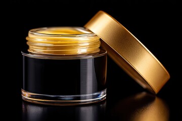 Gold-lidded jar of golden-yellow cream on black background