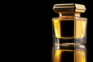 Golden perfume bottle on black background