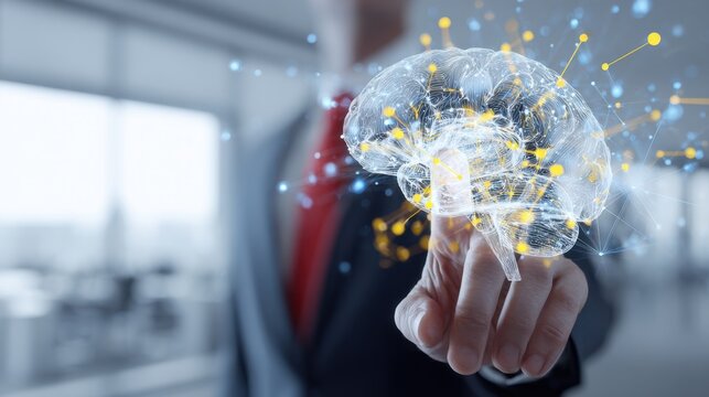 Businessman touching a digital brain hologram, a virtual technology concept for artificial intelligence and big data visualization in an office background with copy space
