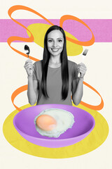 Vertical image art pop trend collage of happy girl hold spoon fork plate fried egg protein healthy lifestyle nutrition concept