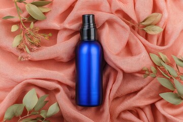 Elevated cosmetic bottle on soft fabric