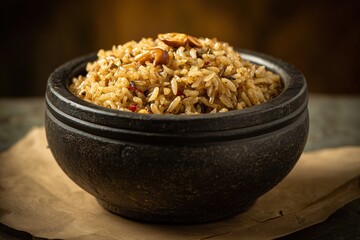 Tamarind rice bowl with peanuts, mustard seeds, and red chilies