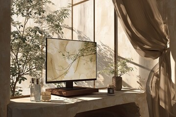 Beige room, computer, plants, sunlight