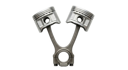 Isolated engine pistons connected by connecting rod, viewed straight on, car parts concept