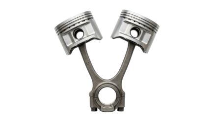 Isolated engine pistons connected by connecting rod, viewed straight on, car parts concept
