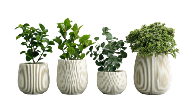 Four potted plants in ribbed, cream-colored planters