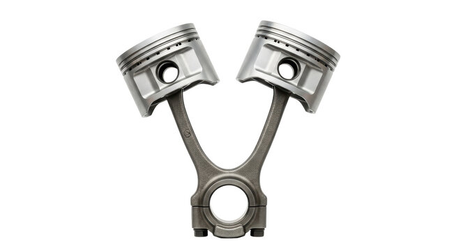 Isolated engine pistons connected by connecting rod, viewed straight on, car parts concept