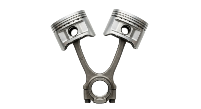 Isolated engine pistons connected by connecting rod, viewed straight on, car parts concept