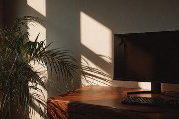 Sunlight streams into a home office, illuminating a wooden desk with a computer monitor and keyboard, beside a potted palm plant