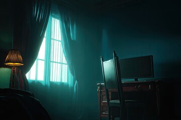 Dimly lit bedroom interior with window light