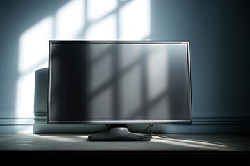 Flat-screen monitor in a room, sunlit shadows