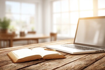 Open book and laptop on a wooden table in a bright room
