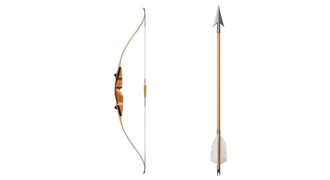 Isolated bow and arrow archery sporting goods, sport outdoors equipment recreation hunting tool