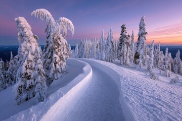 Snowy mountain path at dawn.  Frozen trees, curved path, serene winter landscape
