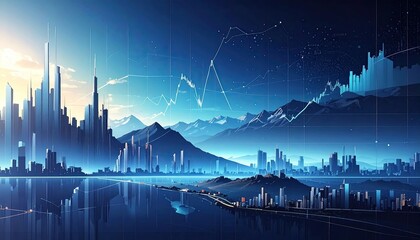 Cityscape Silhouette With Mountains and Geometric Graph Overlays in Blue Tones Futuristic Urban Landscape With Distant Peaks and Data Visualization at Dusk