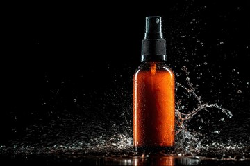Amber spray bottle surrounded by water droplets